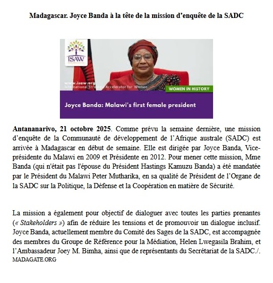 Madagascar. Joyce Banda à la tête de la mission d’enquête de la SADC