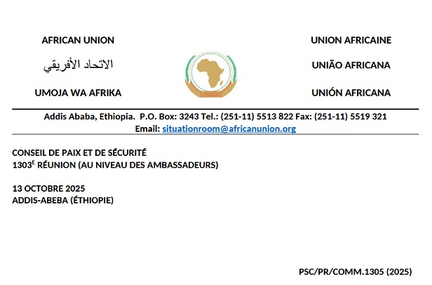 Union africaine (UA). Communiqué de la 1305e réunion du CPS tenue le 13 octobre 2025 sur la situation en République de Madagascar